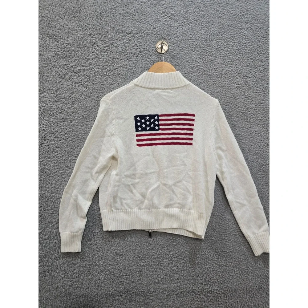 Patriotic White Cotton Full Zip American Flag Mock Neck Sweater Cardigan Medium - Picture 3 of 7